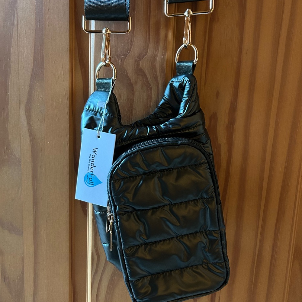 Black Quilted Puffer Crossbody Bag with Wide Adjustable Strap - Picture 2 of 4